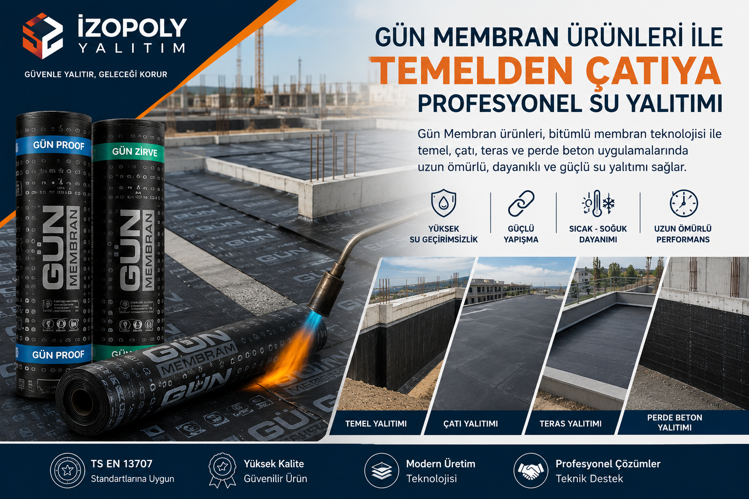Gün Membran ürünleri ile temel, çatı, teras ve perde beton uygulamalarında profesyonel su yalıtımı çözümleri sunulmaktadır.